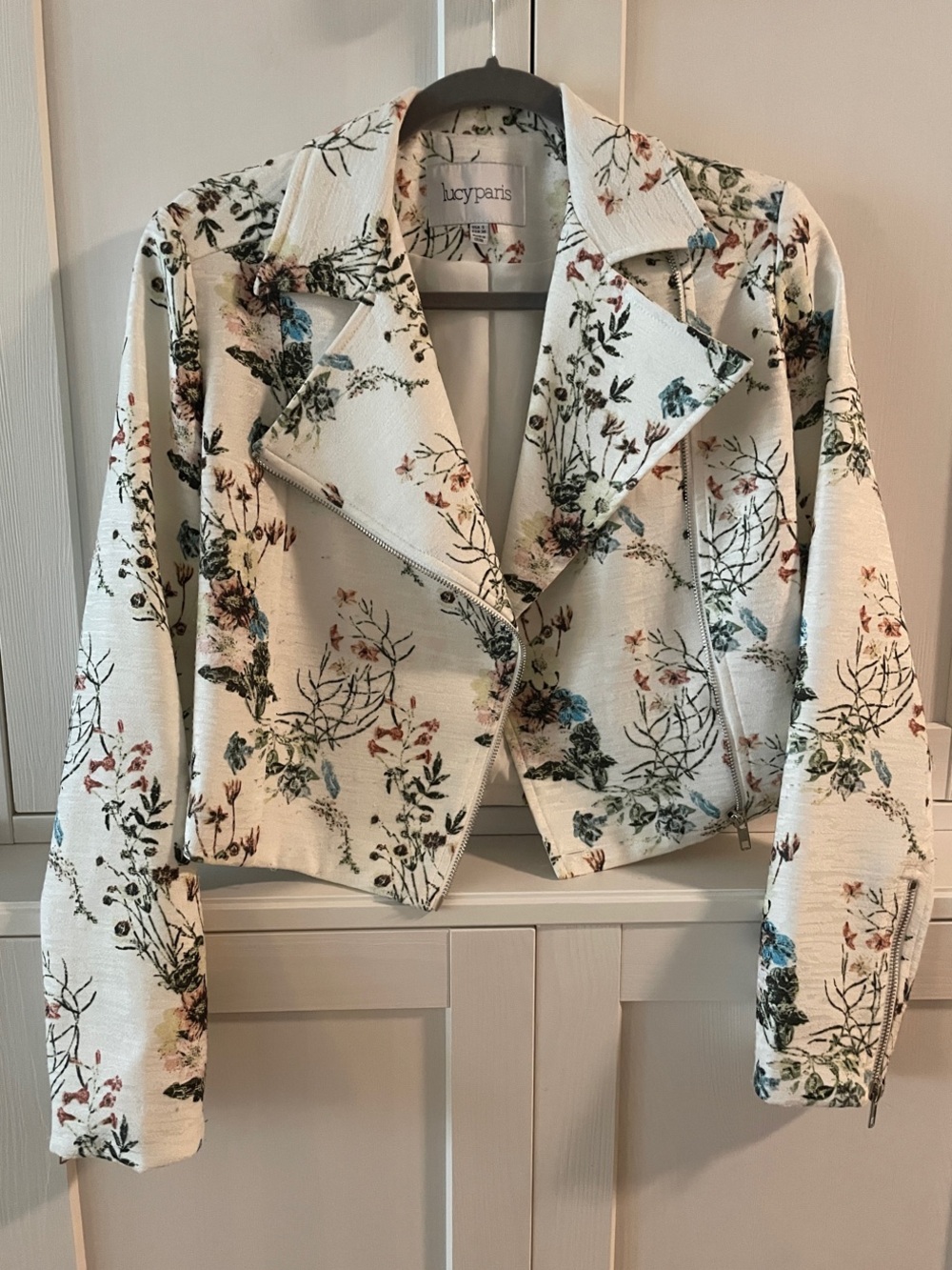 Lucy Paris Cream Floral Cropped Moto Jacket